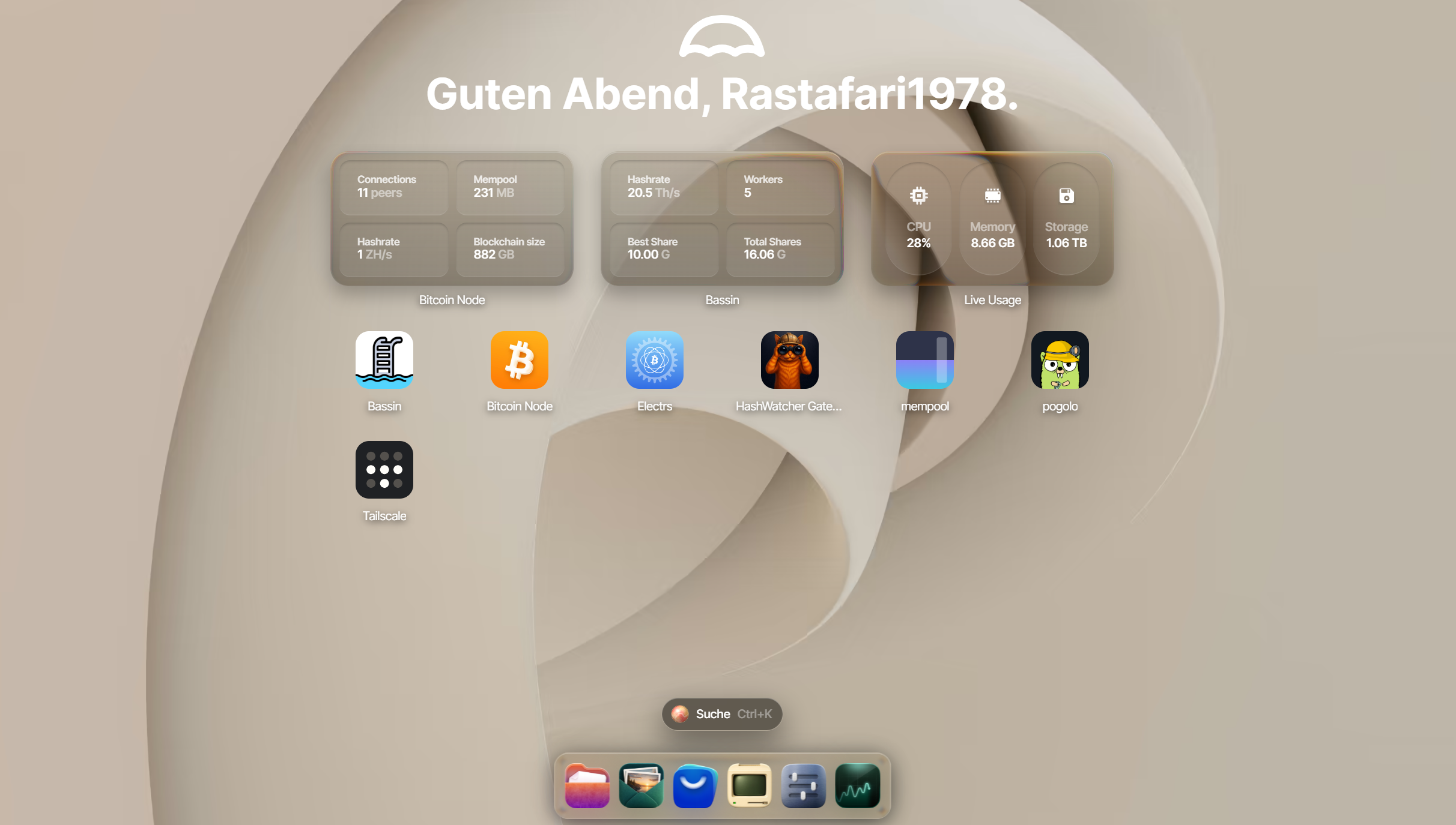 My umbrelOS 2.0 desktop with Bitcoin Node, Bassin, pogolo and supporting apps