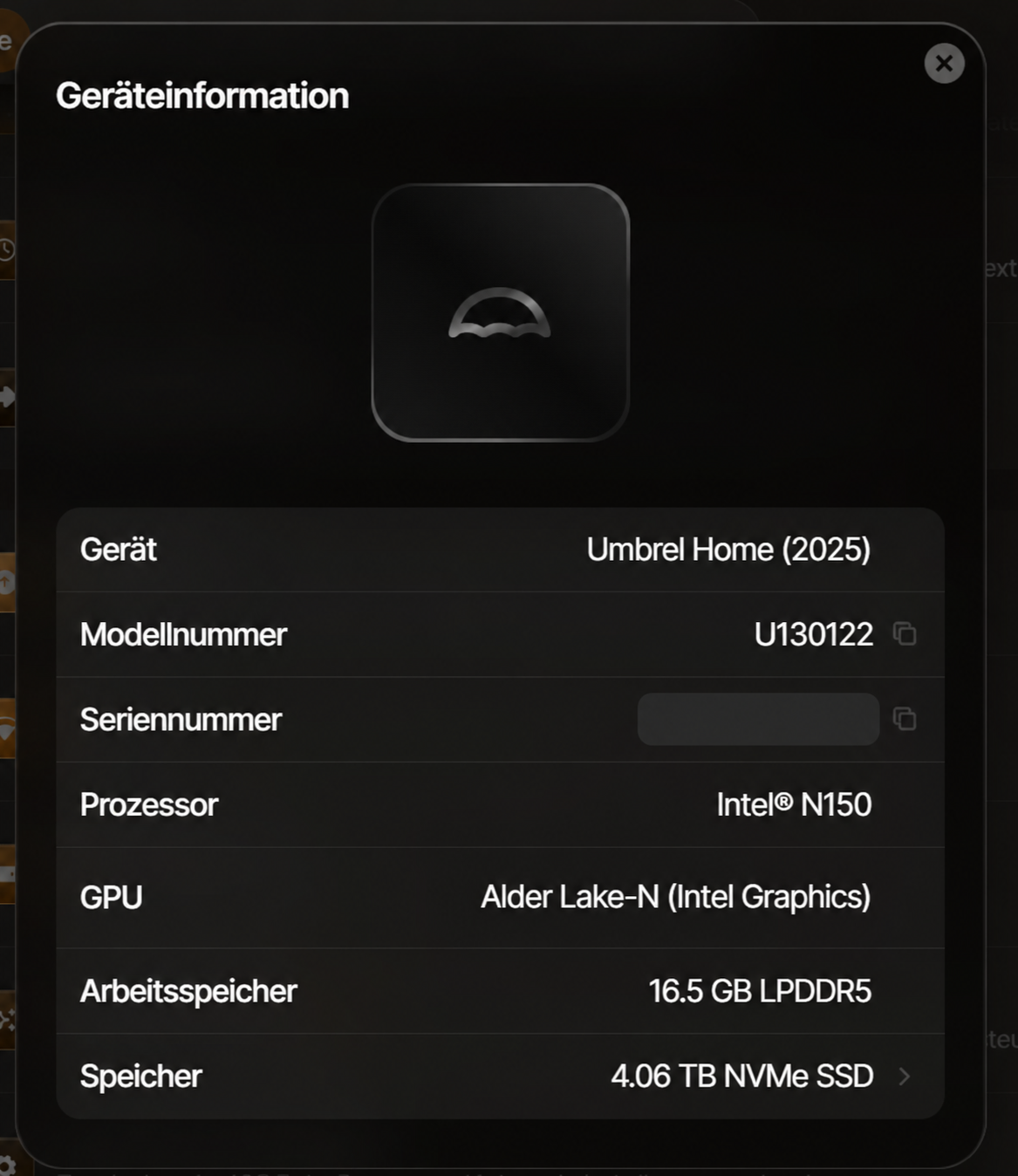 Umbrel Home device information with serial number concealed